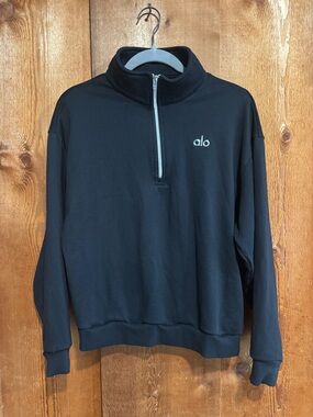 Alo Yoga Black Accolade 1/4 Zip Pullover Sweatshirt Chrome Logo Size Small